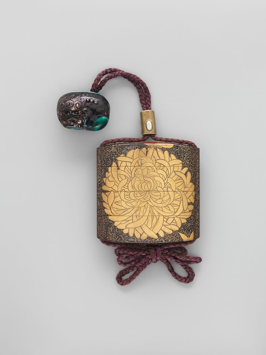 Inrō with “Chrysanthemum Youth” (Kikujidō), Three cases; lacquered wood with togidashimaki-e imitating ink painting (togikirimaki-e) on gold and black lacquer groundNetsuke: purple and green ceramic shishi (Chinese lion)Ojime: inlaid metal with fruit basket , Japan