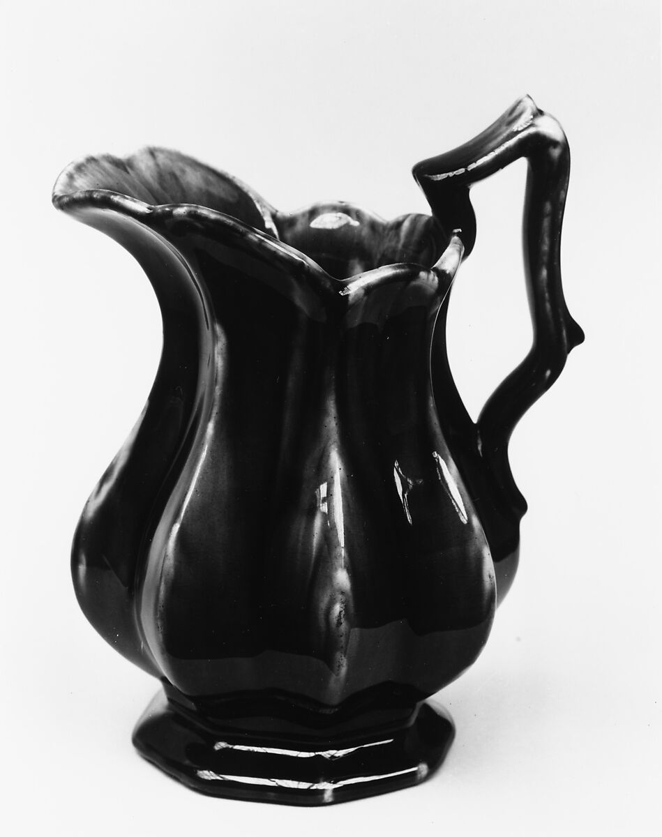 Pitcher, Probably United States Pottery Company (1852–58), Mottled brown earthenware, American