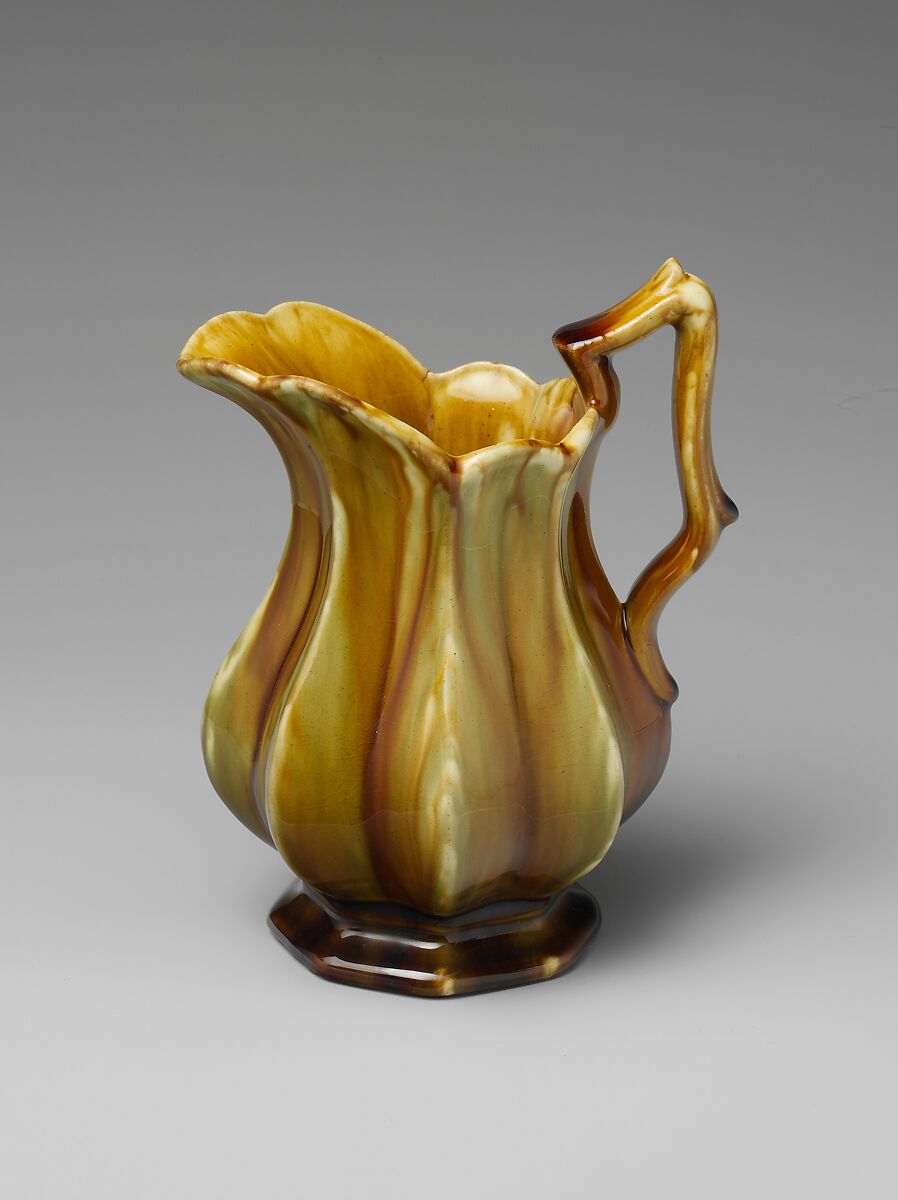 Pitcher, Probably United States Pottery Company (1852–58), Mottled brown earthenware, American 