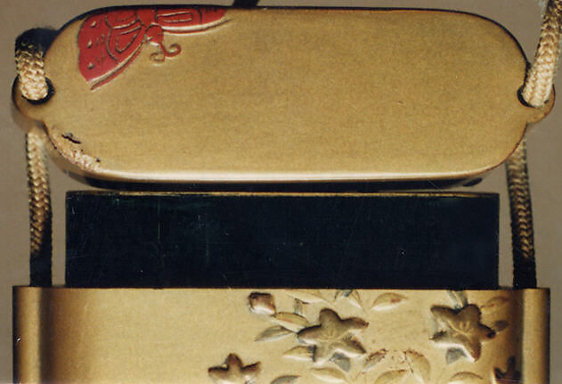 Case (Inrō) with Design of Lion on a Stand Looking at a Butterfly (obverse); Chinese Bellflowers in a Pot (reverse), Lacquer, kinji, gold and silver hiramakie, tsuishu, raden, porcelain; Interior: roiro and fundame, Japan