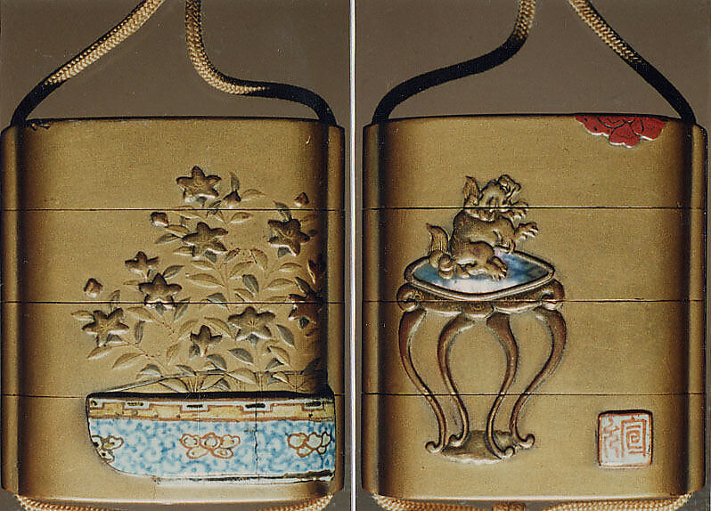 Case (Inrō) with Design of Lion on a Stand Looking at a Butterfly (obverse); Chinese Bellflowers in a Pot (reverse), Lacquer, kinji, gold and silver hiramakie, tsuishu, raden, porcelain; Interior: roiro and fundame, Japan 