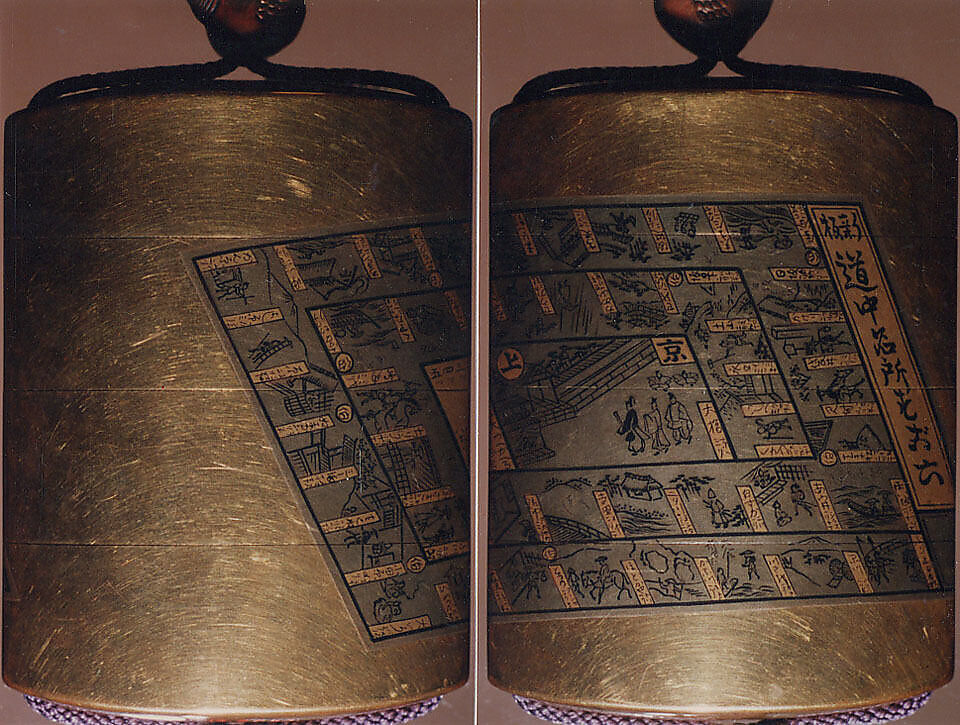 Case (Inrō) with Design of Game Board Showing the Fifty-Three Stations of the Tokaidō, Lacquer, kinji, sumie togidashi; Interior: nashiji and fundame, Japan 