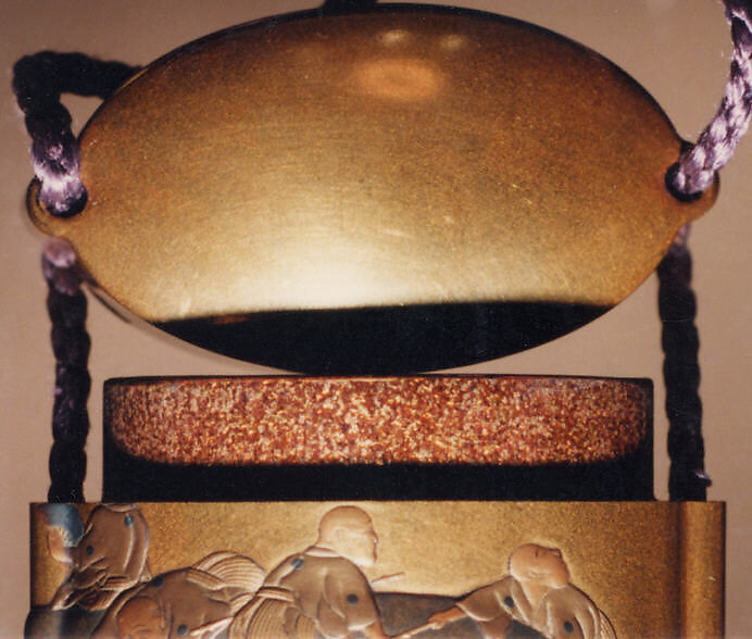 Case (Inrō) with Design of Blind Men Touching and Climbing Over an Elephant, Lacquer, kinji, gold, silver and black hiramakie, takamakie, ivory inlay; Interior: nashiji and fundame, Japan