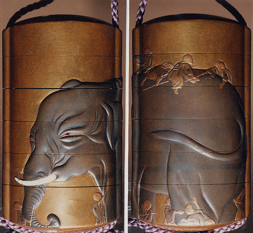 Case (Inrō) with Design of Blind Men Touching and Climbing Over an Elephant, Lacquer, kinji, gold, silver and black hiramakie, takamakie, ivory inlay; Interior: nashiji and fundame, Japan 