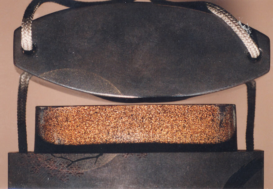 Inrō with Crows on Tree in Moonlight, Silver lacquer ground with black and red togidashi maki-eNetsuke: demon’s head; carved ivoryOjime: silver bead with applied gold family crests, Japan