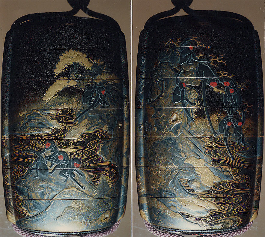 Case (Inrō) with Design of Monkeys Hanging from Trees Above Waves (obverse); Monkeys Seated on Rocks (reverse), Lacquer, roiro, silver nashiji, gold, silver, black and red hiramakie, kirigane; Interior: nashiji and fundame, two upper cases divided, spoon, Japan 