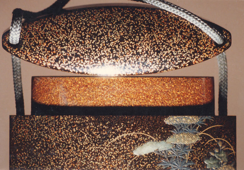 Case (Inrō) with Design of Crows on Bridge beside Autumn Flowers, Lacquer, roiro, mura nashiji, gold, silver and black hiramakie, takamakie; Interior: nashiji and fundame, Japan