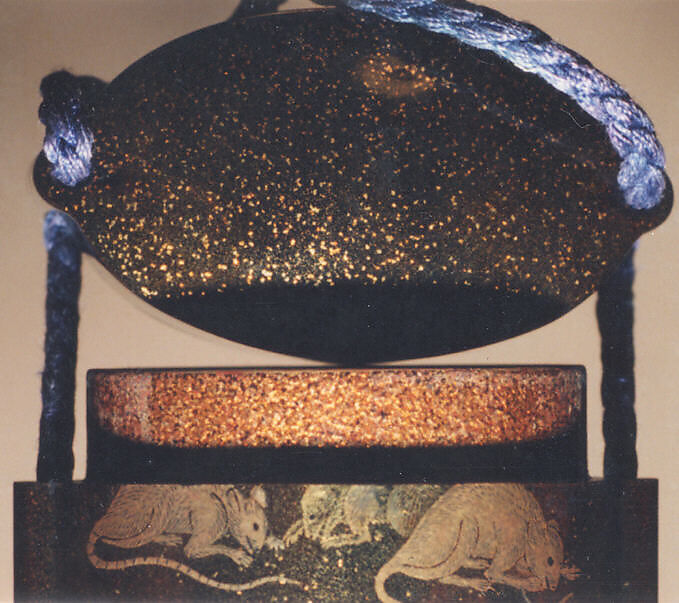 Case (Inrō) with Design of Rats Eating Rice beside New Year Arrangement with Mochi and Crayfish, Lacquer, roiro, nashiji, gold, silver and red togidashi; Interior: nashiji and fundame, Japan