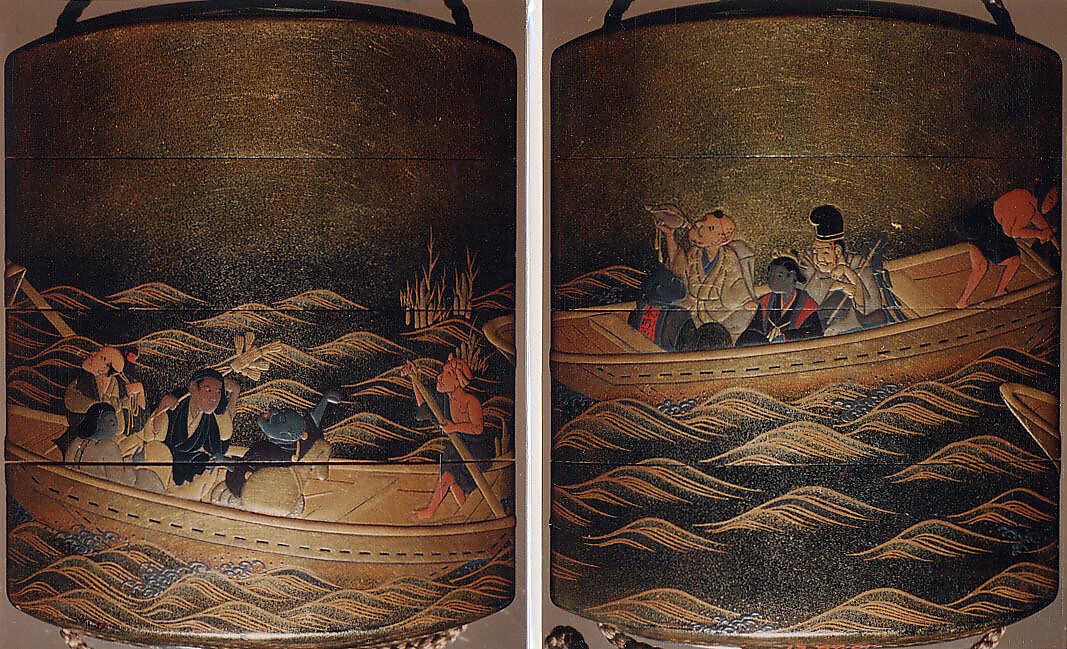 Case (Inrō) with Design of People Riding in Ferryboats, Lacquer, fundame, nashiji, gold and colored hiramakie; Interior: nashiji and fundame, Japan 