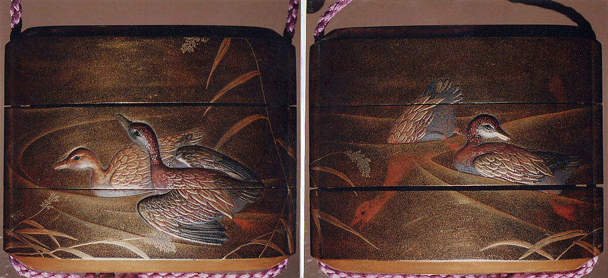 Case (Inrō) with Design of Ducks Swimming Among Reeds, Lacquer, nashiji, gold and colored hiramakie, takamakie, togidashi; Interior: nashiji and fundame, Japan 