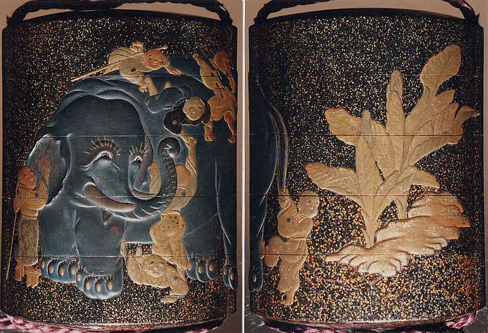 Case (Inrō) with Design of Blind Men Climbing all over Elephant Beside Banana Plants, Lacquer, roiro, nashiji, silver, gold and colored hiramakie, takamakie; Interior: nashiji and fundame, Japan 