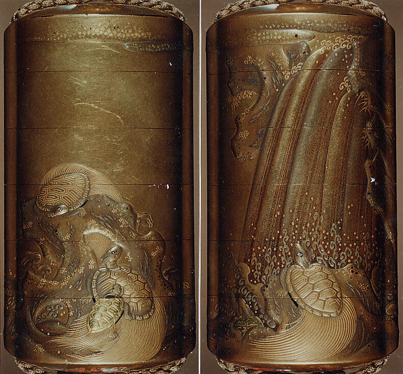 Case (Inrō) with Design of Tortoises on Rocks (obverse); Tortoises Swimming beneath a Waterfall (reverse), Lacquer, fundame, gold, silver and brown hiramakie, gold foil, kirigane; Interior: nashiji and fundame, Japan