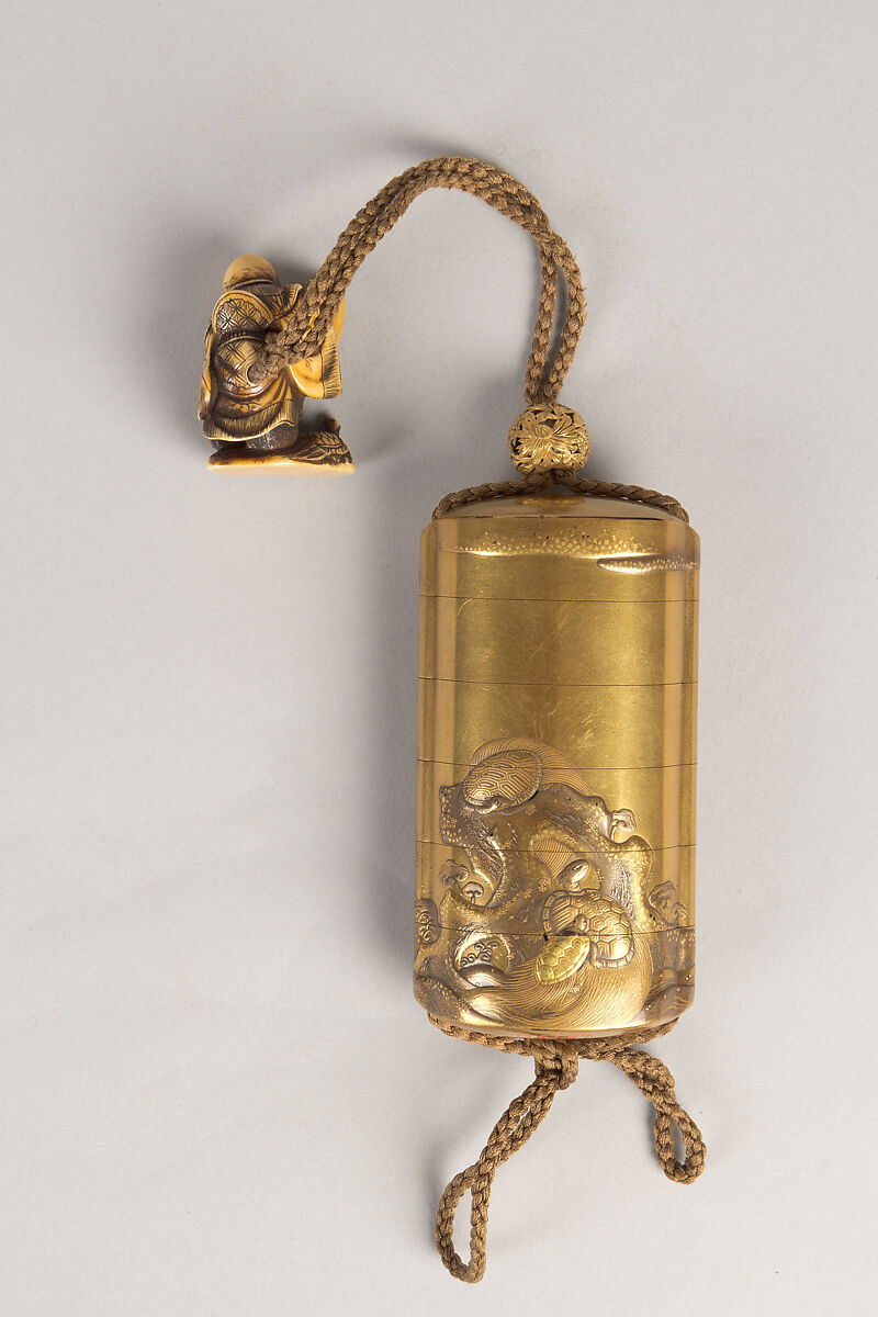 Case (Inrō) with Design of Tortoises on Rocks (obverse); Tortoises Swimming beneath a Waterfall (reverse), Lacquer, fundame, gold, silver and brown hiramakie, gold foil, kirigane; Interior: nashiji and fundame, Japan