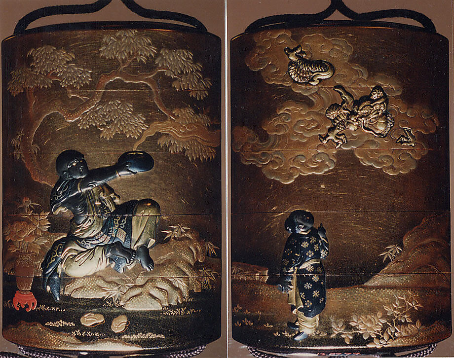 Case (Inrō) with Design of Magician Handaka Sonja Seated beneath Tree (obverse); Karako Pointing at Dragon in Sky (reverse), Lacquer, kinji, gold, silver, brown and red hiramakie, metal inlay; Interior: nashiji and fundame, Japan 
