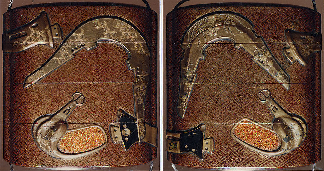 Case (Inrō) with Design of Saddle and Stirrups, Lacquer, brown ground, gold, black and silver hiramakie, metal inlay; Interior: nashiji and fundame, Japan 