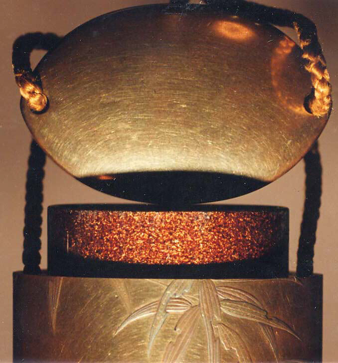 Inrō with Sparrows and Bamboo, Two cases; lacquered wood with gold and silver hiramaki-e, togidashimaki-e, gold foil cutouts, and colored ivory inlay on gold lacquer ground Netsuke: kagamibuta type, bamboo with sparrow; wood and metal Ojime: blue-and-white porcelain bead, Japan