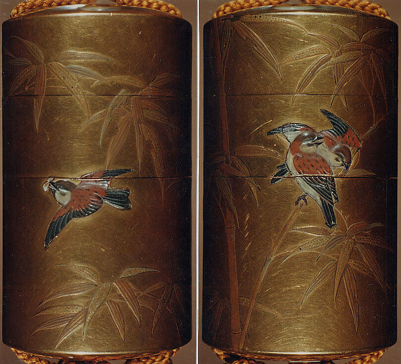 Inrō with Sparrows and Bamboo, Two cases; lacquered wood with gold and silver hiramaki-e, togidashimaki-e, gold foil cutouts, and colored ivory inlay on gold lacquer ground Netsuke: kagamibuta type, bamboo with sparrow; wood and metal Ojime: blue-and-white porcelain bead, Japan 