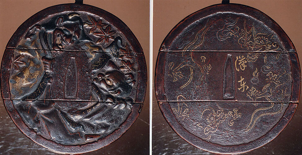 Case (Inrō) with Design of Hannya and Anchin-san beside Maple Leaves (obverse); Flaming Dragons and Inscription (reverse)