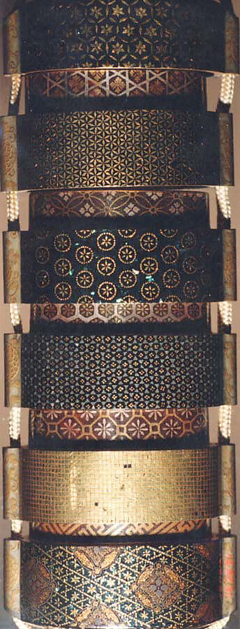 Case (Inrō) with Design of Various Brocade Patterns, Lacquer, roiro, fundame, aogai, gold foil; Interior: fundame and decoration, Japan