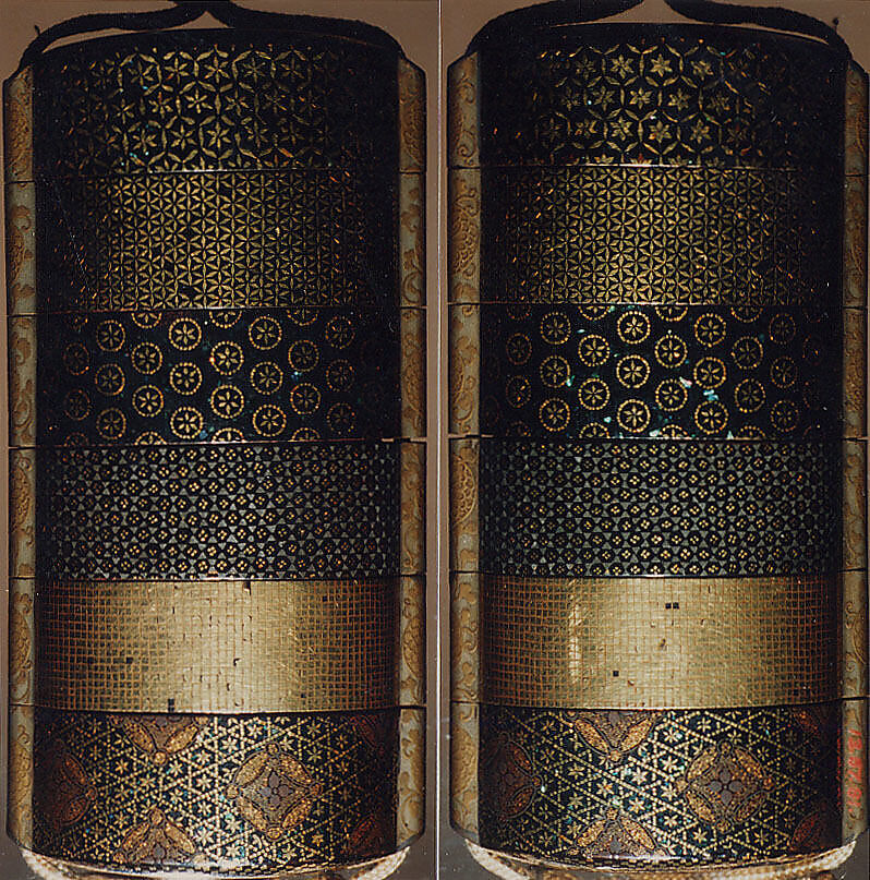 Case (Inrō) with Design of Various Brocade Patterns, Lacquer, roiro, fundame, aogai, gold foil; Interior: fundame and decoration, Japan 
