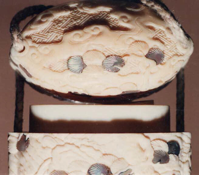 Case (Inrō) with Design of Chinese Sage and Karako beneath Pine Tree at Shore (obverse); Karako Fishing (reverse), Ivory, carved relief, raden, horn, various materials applied; Interior: plain, Japan