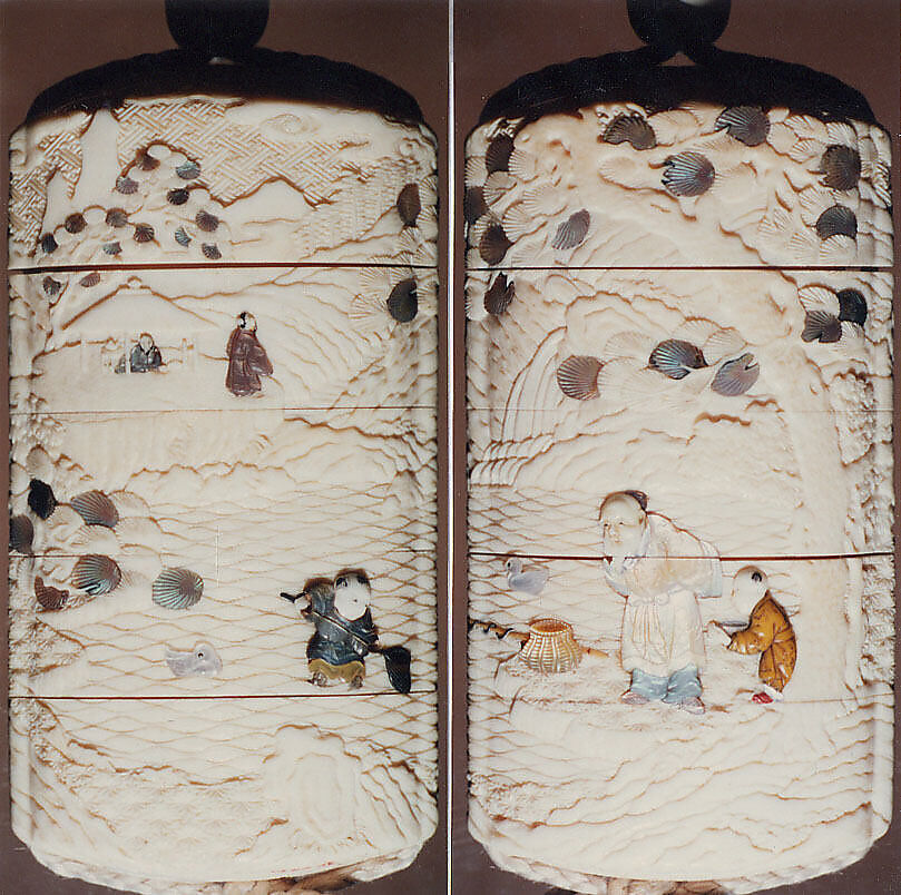 Case (Inrō) with Design of Chinese Sage and Karako beneath Pine Tree at Shore (obverse); Karako Fishing (reverse), Ivory, carved relief, raden, horn, various materials applied; Interior: plain, Japan 