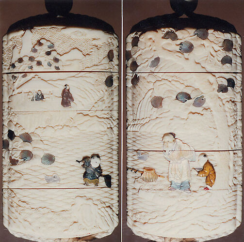 Case (Inrō) with Design of Chinese Sage and Karako beneath Pine Tree at Shore (obverse); Karako Fishing (reverse)