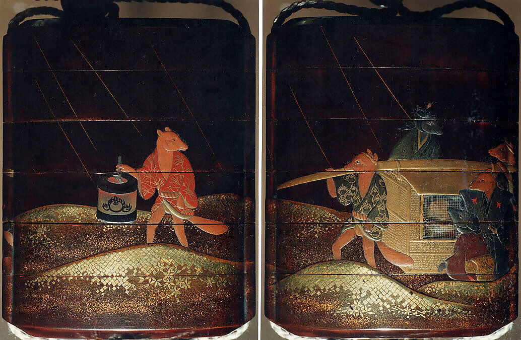 Case (Inrō) with Design of Fox Wedding Procession in Rain, Lacquer, dark brown, gold and colored hiramakie, takamakie, nashiji, kirigane; Interior: gyobu nashiji and fundame, Japan 