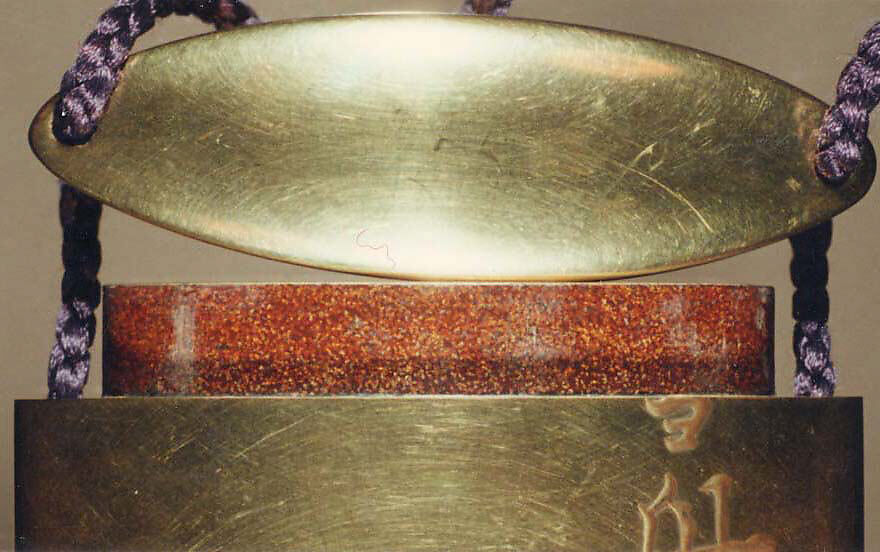 Case (Inrō) with Design of Emmao (King of Hell) Seated on Chair (obverse); Seal and Inscription (reverse), Lacquer, kinji, gold and red hiramakie, metal inlay; Interior: red lacquer, nashiji and fundame, Japan