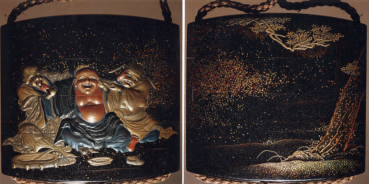 Case (Inrō) with Design of the Three Sake Tasters, Lacquer, roiro, gold and colored hiramakie, takamakie; Interior: gyobu nashiji and fundame, Japan 