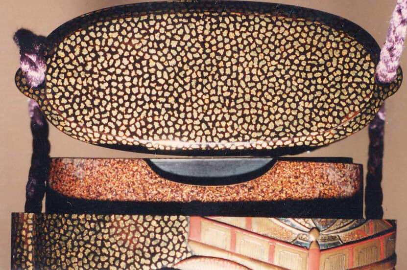 Case (Inrō) with Design of Caparisoned Elephant Standing (obverse); Two Karako with Trumpet, Banner (reverse), Lacquer, roiro, hirame, gold, silver and colored hiramakie, takamakie; Interior: nashiji and fundame; each case: silver metal box, Japan