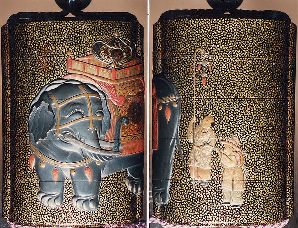 Case (Inrō) with Design of Caparisoned Elephant Standing (obverse); Two Karako with Trumpet, Banner (reverse), Lacquer, roiro, hirame, gold, silver and colored hiramakie, takamakie; Interior: nashiji and fundame; each case: silver metal box, Japan 