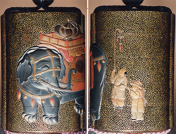 Case (Inrō) with Design of Caparisoned Elephant Standing (obverse); Two Karako with Trumpet, Banner (reverse)