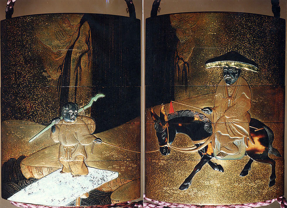 Case (Inrō) with Design of Chinese Horseman Seated on Mule (obverse); Karako on Bridge before Waterfall (reverse), Lacquer, roiro, nashiji, hirame, gold and black hiramakie, various inlay; Interior: fundame, Japan 