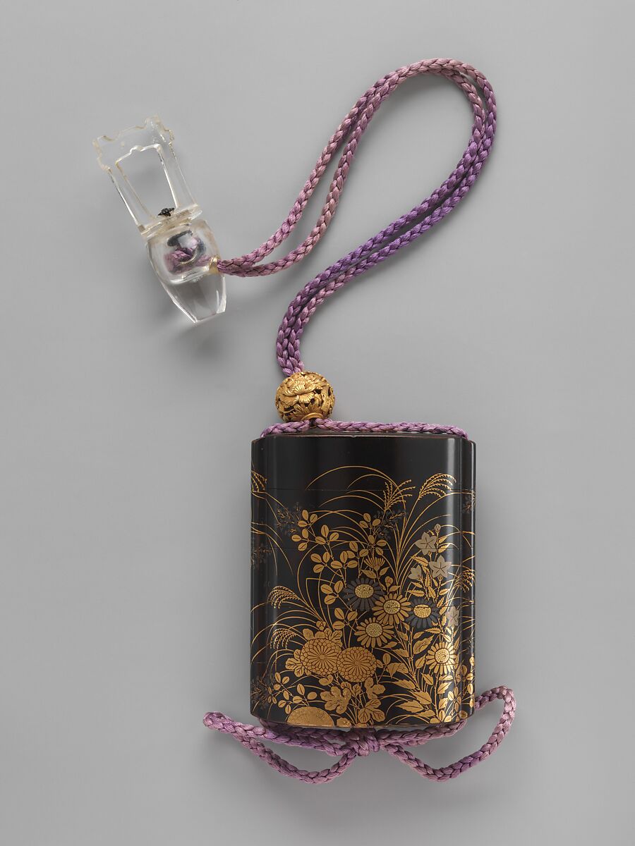 Case (Inrō) with Design of Autumn Flowers, Shiomi Masanari 塩見政誠 (Japanese, ca. 1646–1719), Case: gold, silver, and blue lacquer on black lacquer; Fastener (ojime): pierced gold with floral design; Toggle (netsuke): crystal carved in the shape of a bucket, Japan