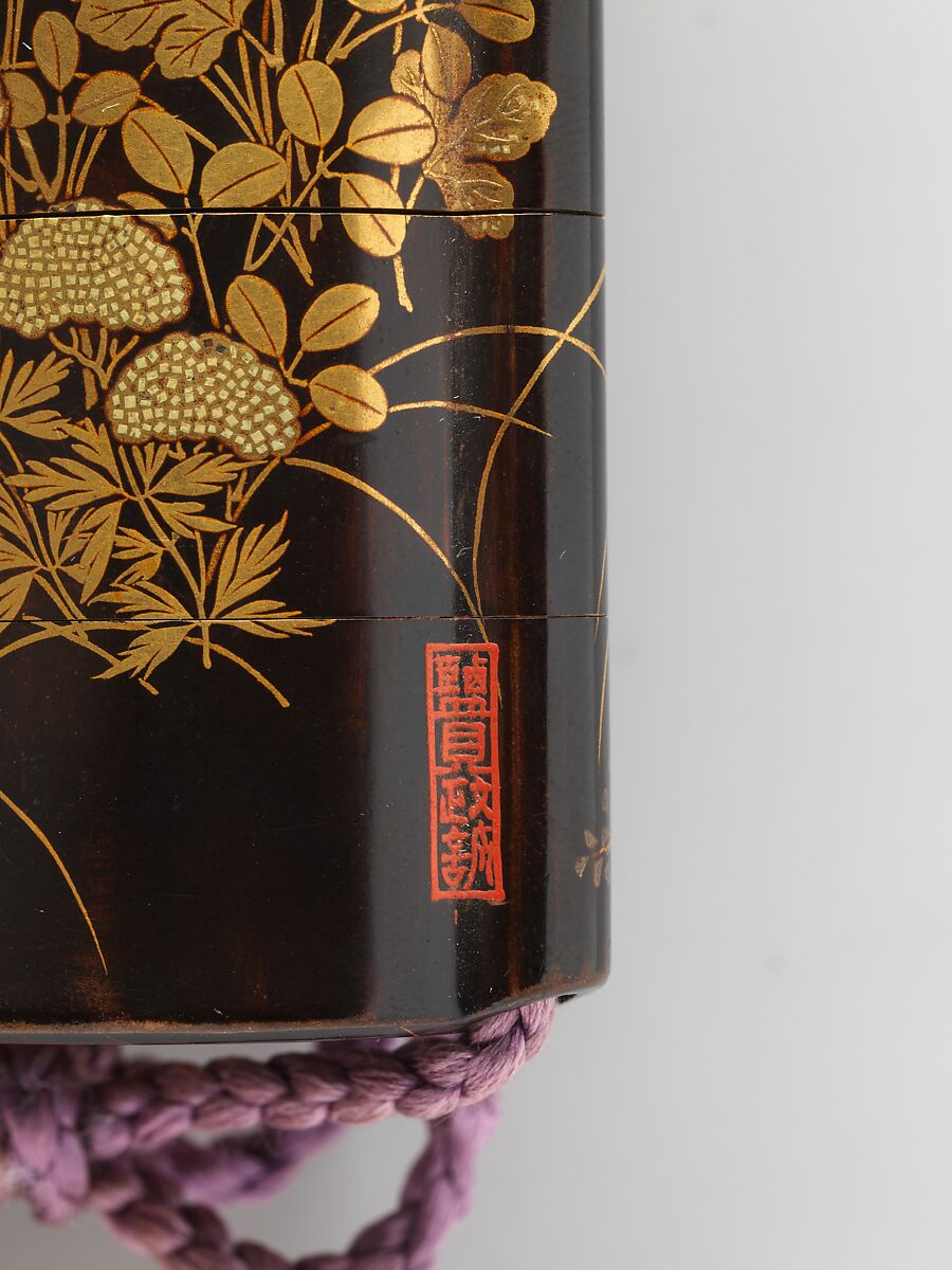 Case (Inrō) with Design of Autumn Flowers, Shiomi Masanari 塩見政誠 (Japanese, ca. 1646–1719), Case: gold, silver, and blue lacquer on black lacquer; Fastener (ojime): pierced gold with floral design; Toggle (netsuke): crystal carved in the shape of a bucket, Japan