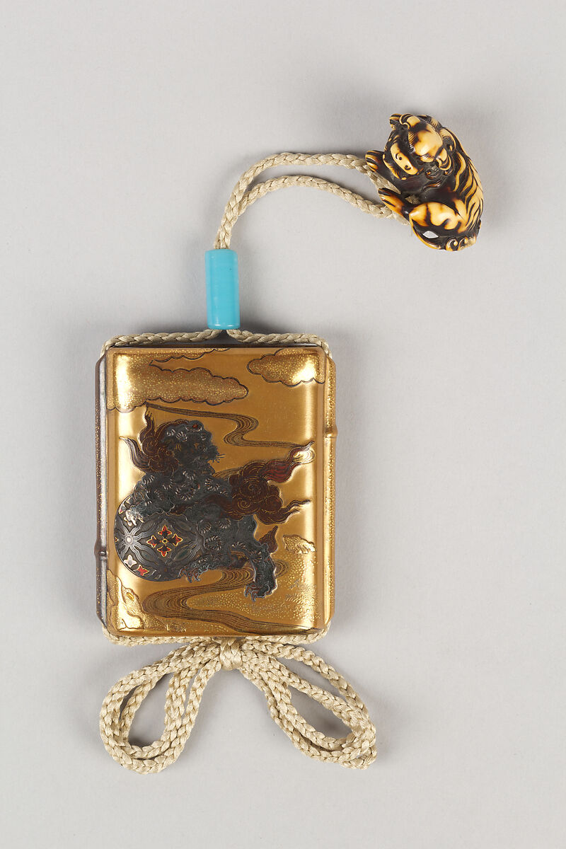 Case (Inrō) with Design of Dog (Shishi) with Brocade Ball, Lacquer, kinji, brown ishime, incised, takamakie, roiro and togidashi, metal inlay; Interior: nashiji and fundame, Japan 