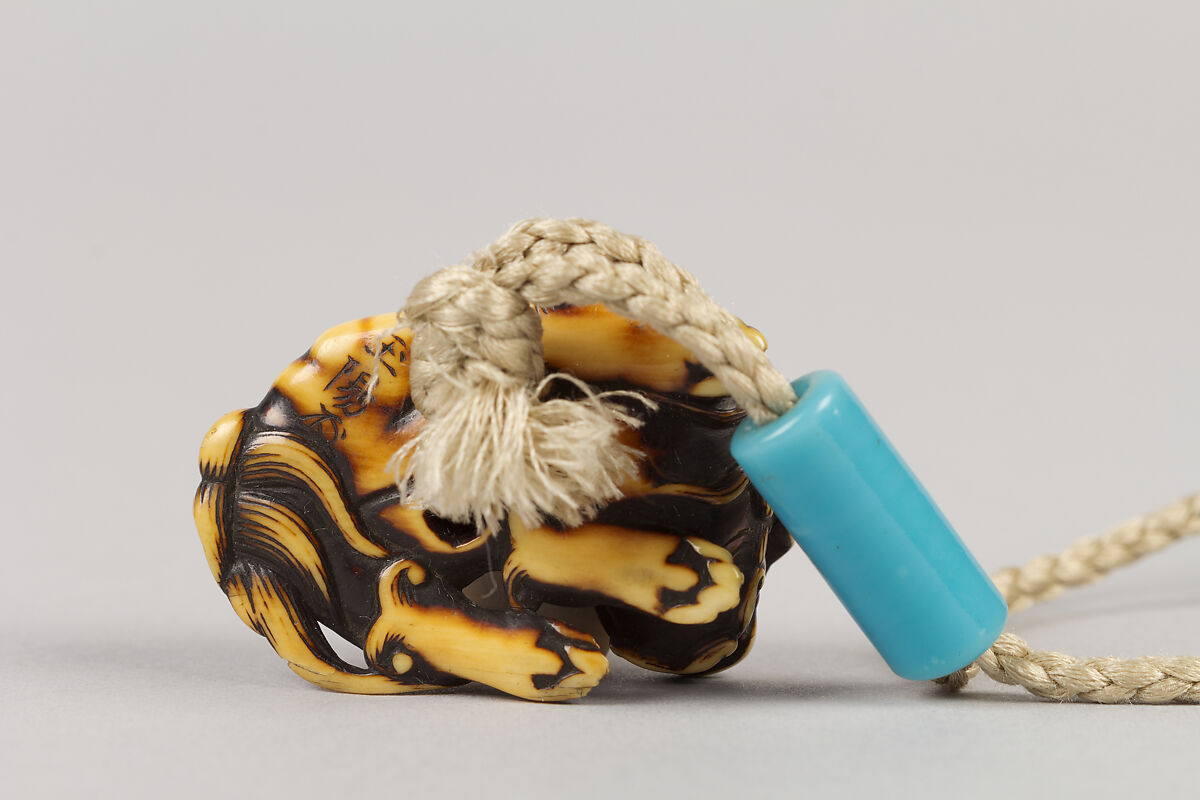 Case (Inrō) with Design of Dog (Shishi) with Brocade Ball, Lacquer, kinji, brown ishime, incised, takamakie, roiro and togidashi, metal inlay; Interior: nashiji and fundame, Japan