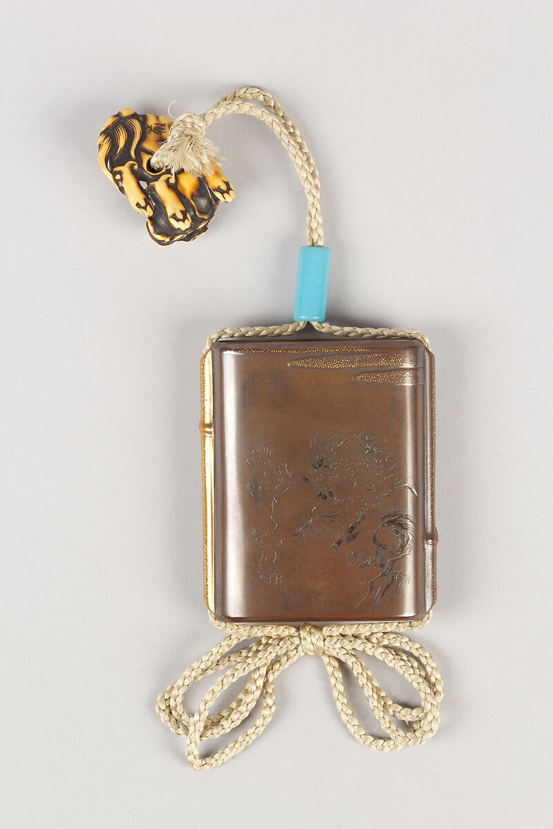 Case (Inrō) with Design of Dog (Shishi) with Brocade Ball, Lacquer, kinji, brown ishime, incised, takamakie, roiro and togidashi, metal inlay; Interior: nashiji and fundame, Japan