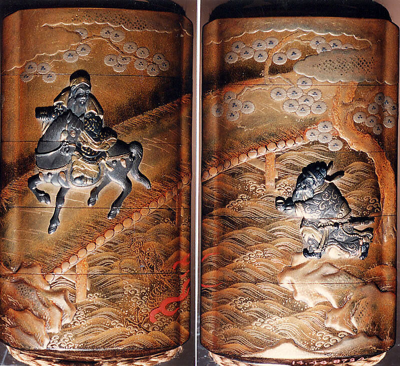 Case (Inrō) with Design of Chōryō and Kōsekikō at Kahi Bridge in China, Lacquer, kinji, gold, silver, red and brown hiramakie, metal inlay; Interior: gyobu nashiji and fundame, Japan 