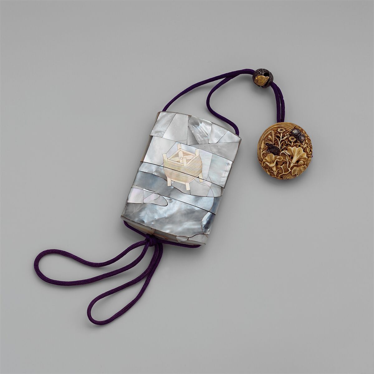 Inrō with Tanabata Story of the Weaver and the Herdboy, Nomura Kyūkoku (Japanese, active first half of the 19th century), Three cases; lacquered wood with gold hiramaki-e and ivory inlay on mother-of-pearl ground; Netsuke: carved ivory; flowers and grasses with silver butterflies; Ojime: silver and gold quail in autumn grasses, Japan