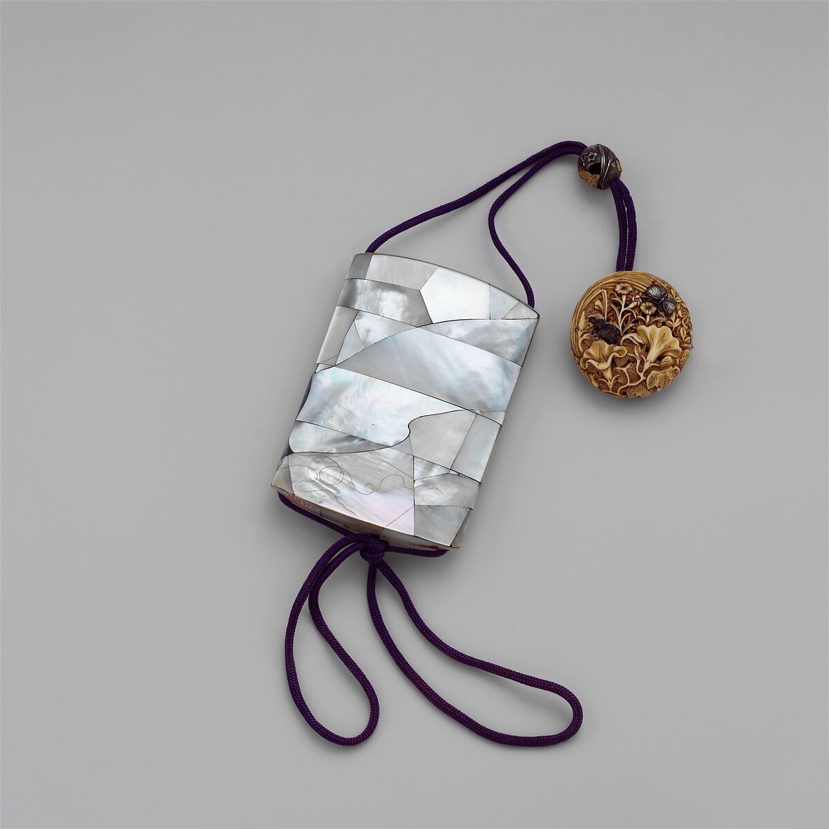 Inrō with Tanabata Story of the Weaver and the Herdboy, Nomura Kyūkoku (Japanese, active first half of the 19th century), Three cases; lacquered wood with gold hiramaki-e and ivory inlay on mother-of-pearl ground; Netsuke: carved ivory; flowers and grasses with silver butterflies; Ojime: silver and gold quail in autumn grasses, Japan