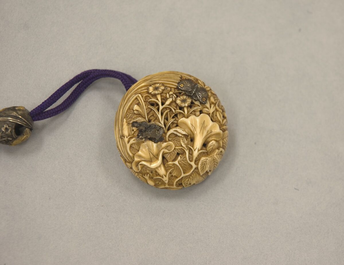 Inrō with Tanabata Story of the Weaver and the Herdboy, Nomura Kyūkoku (Japanese, active first half of the 19th century), Three cases; lacquered wood with gold hiramaki-e and ivory inlay on mother-of-pearl ground; Netsuke: carved ivory; flowers and grasses with silver butterflies; Ojime: silver and gold quail in autumn grasses, Japan