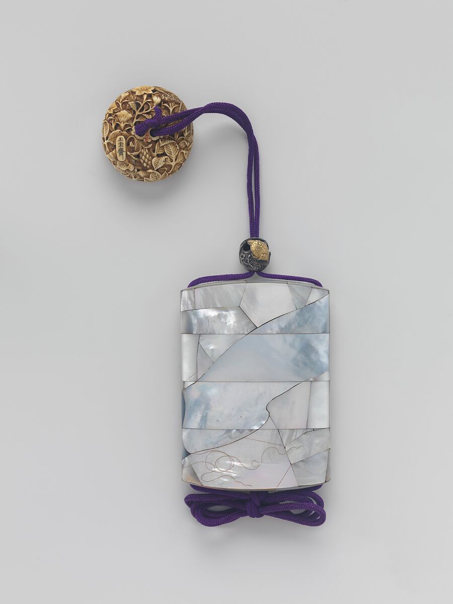 Inrō with Tanabata Story of the Weaver and the Herdboy, Nomura Kyūkoku (Japanese, active first half of the 19th century), Three cases; lacquered wood with gold hiramaki-e and ivory inlay on mother-of-pearl ground; Netsuke: carved ivory; flowers and grasses with silver butterflies; Ojime: silver and gold quail in autumn grasses, Japan