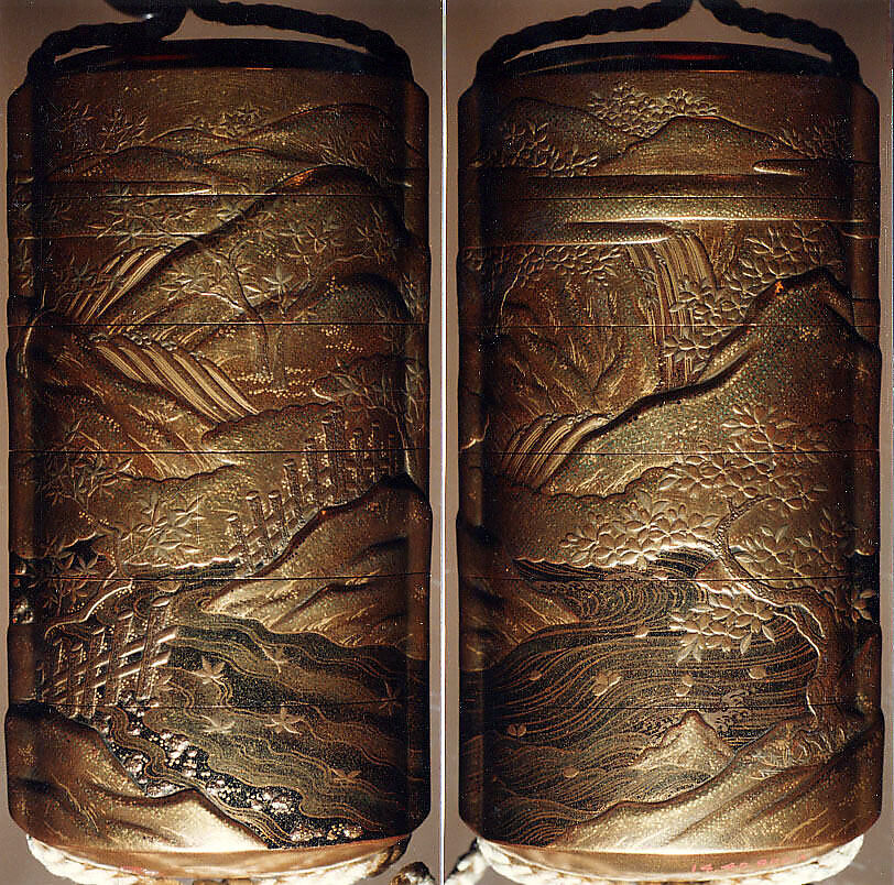 Case (Inrō) with Design of Hilly Landscape with Maple and Cherry Trees beside a River, Lacquer, kinji, gold, silver, black and brown hiramakie, takamakie and togidashi; Interior: nashiji and fundame, Japan 