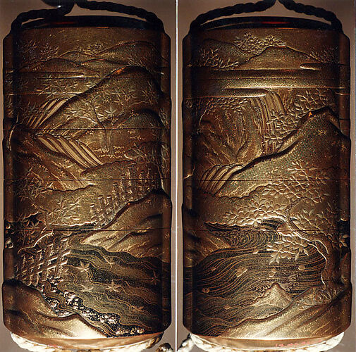 Case (Inrō) with Design of Hilly Landscape with Maple and Cherry Trees beside a River