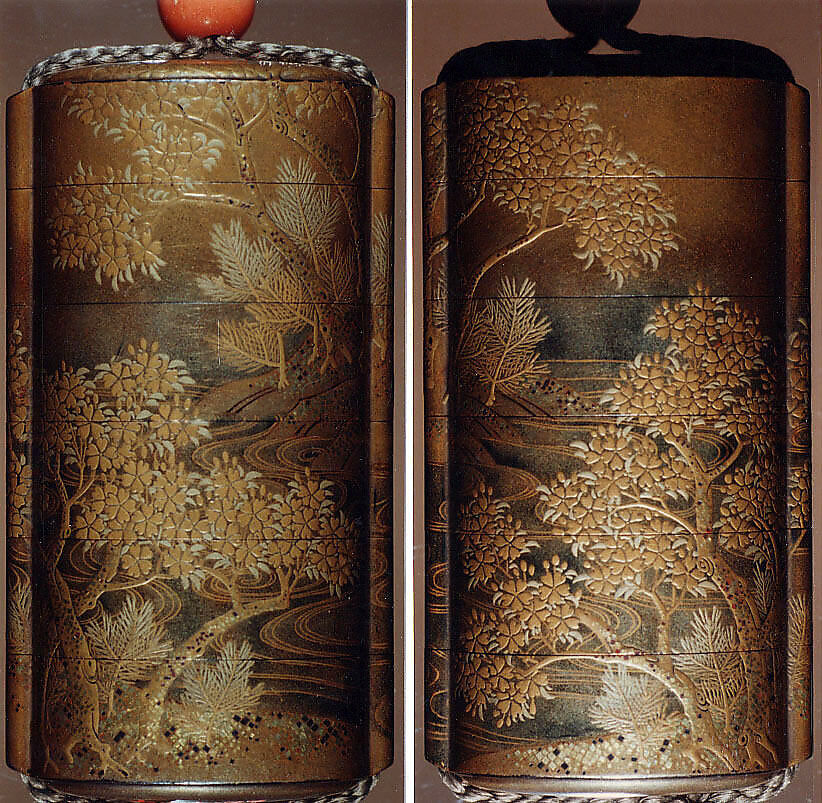 Case (Inrō) with Design of Blossoming Cherry Tree, Lacquer, fundame, gold and silver hiramakie, nashiji, togidashi and kirigane; Interior: fundame and silver metal labels inside each case, Japan 