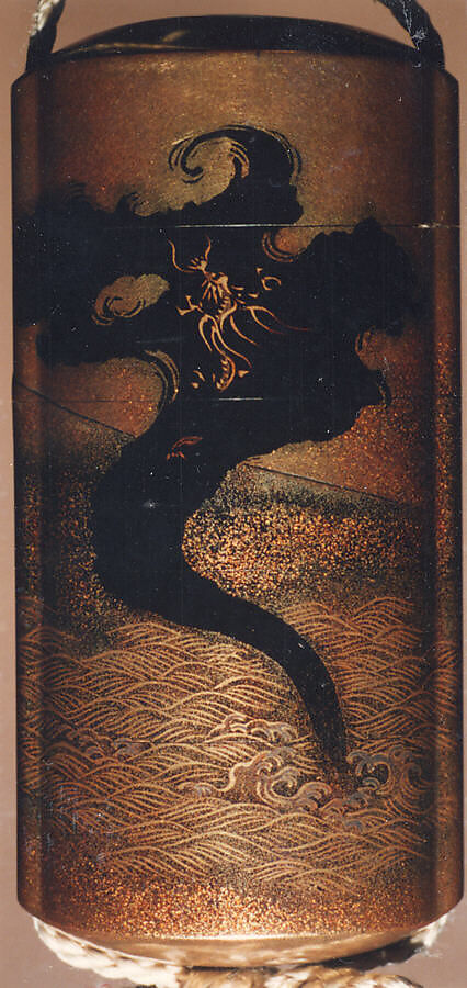 Case (Inrō) with Design of Dragon in Clouds Emerging from Waves before Mount Fuji, Lacquer, kinji, nashiji, gold, silver and black hiramakie, togidashi; Interior: nashiji and fundame, Japan