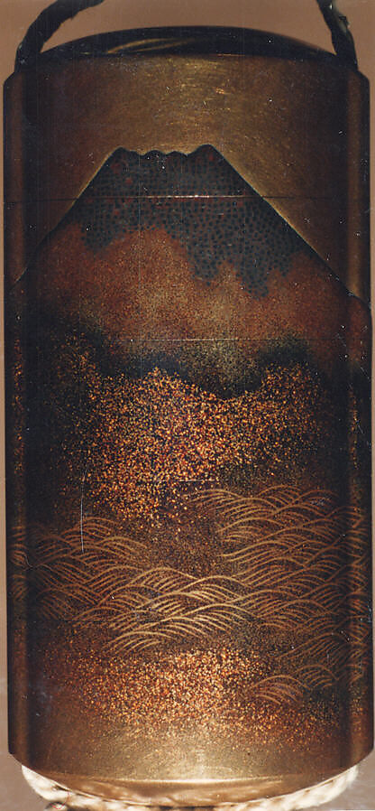 Case (Inrō) with Design of Dragon in Clouds Emerging from Waves before Mount Fuji, Lacquer, kinji, nashiji, gold, silver and black hiramakie, togidashi; Interior: nashiji and fundame, Japan