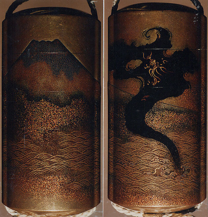 Case (Inrō) with Design of Dragon in Clouds Emerging from Waves before Mount Fuji, Lacquer, kinji, nashiji, gold, silver and black hiramakie, togidashi; Interior: nashiji and fundame, Japan 